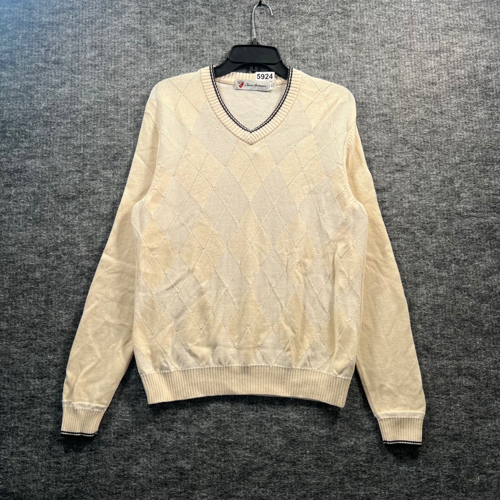 Tonino Lamborghini Mens Argyle V-Neck Sweater Cream Beige Size M